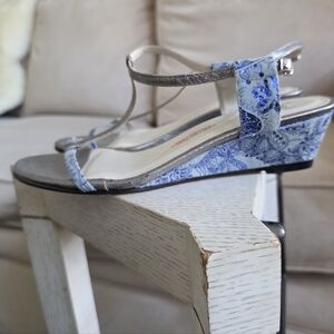 Amalfi Silver Strappy Wedges with Blue Floral Print